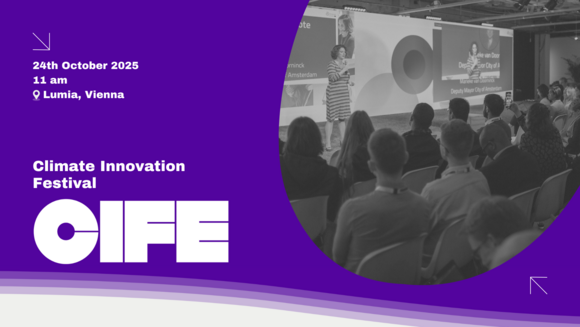 CIFE_Event_Cover Logo von Climate Innovation Festival mit Datum und Ort. Rechts ein Bild mit sitzendem Publikum.