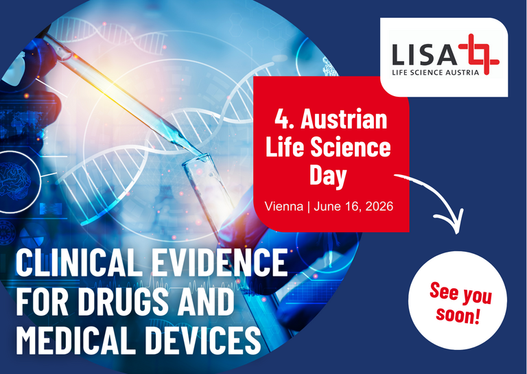 Flyer 4. Austrian Life Science Day: DNA Strang und Probenröhrchen im Hintergrund