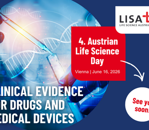 Flyer 4. Austrian Life Science Day: DNA Strang und Probenröhrchen im Hintergrund