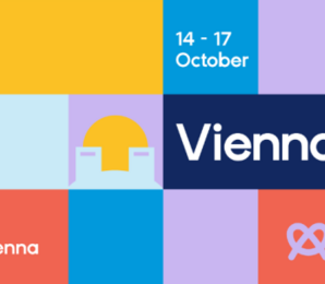 Flyer mit Info auf bunten Quadraten