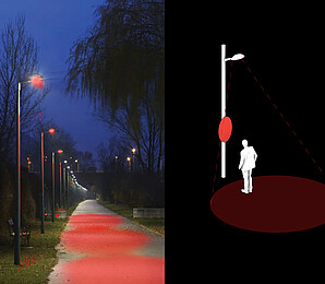 Parkansicht mit Rotlicht-Lampen