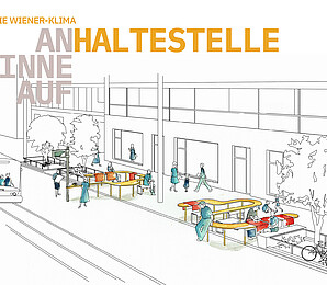 Grafik mit Stadtmöbeln bei Haltestelle