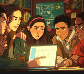 Illustration einer Gruppe von Personen, die Grafik auf einem Laptop bespricht