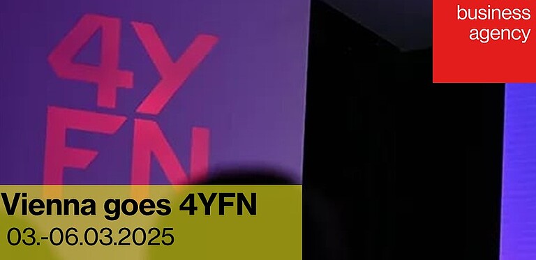 Schriftzug 4YFN und Logo Wirtschaftsagentur Wien inkl. Beschriftung Vienna goes 4YFN