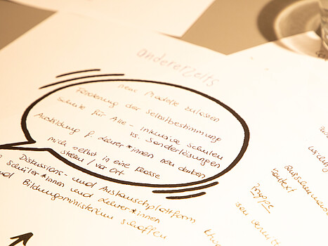 Community Media Hub: Ein Blatt Papier mit einem Text in einer handgeschriebenen Schrift in einer aufgemalten schwarzen Sprechblase. 