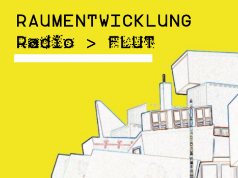FLUC: Ein gelbes Plakat des FLucc Center for Arts and Communizies mit Logo und Zeichnung des Flucs.