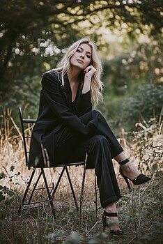Content Vienna-Gewinnerin 2023: Porträt von Stephanie Meisl: eine blonde Frau sitzt in der Natur auf einem Stuhl
